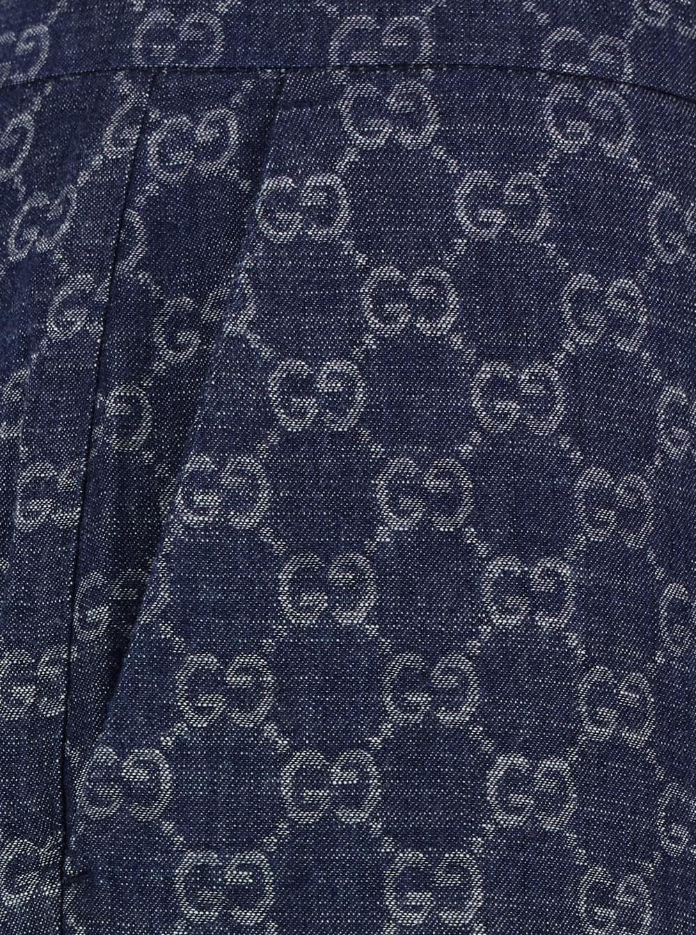 Gucci Women 'Chambray' Blue Pants With All-Over Gg Print In Denim For Women GUCCI