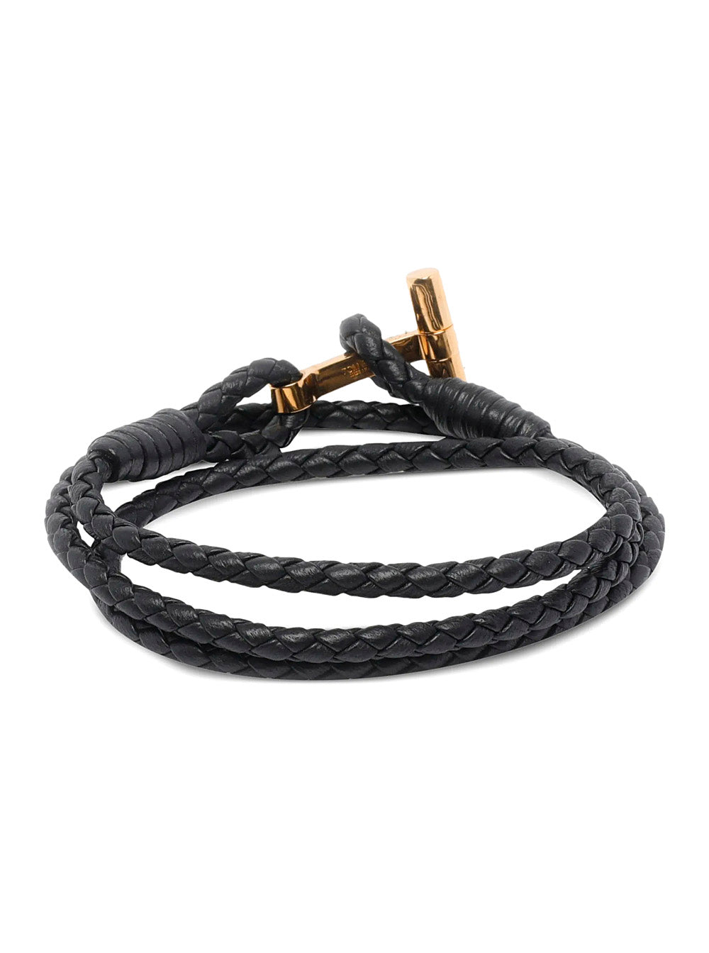 Tom Ford Men Black Bracelet With Woven Design And T Plaque Closure In Leather For Men TOM FORD