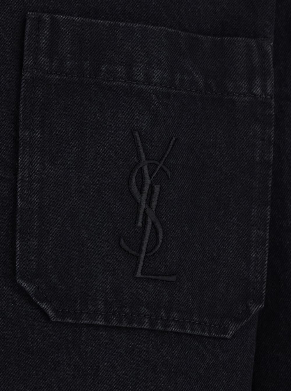 Saint Laurent Men Black Shirt With Classic Collar And Cassandre Embroidery On The Front In Cotton For Men SAINT LAURENT