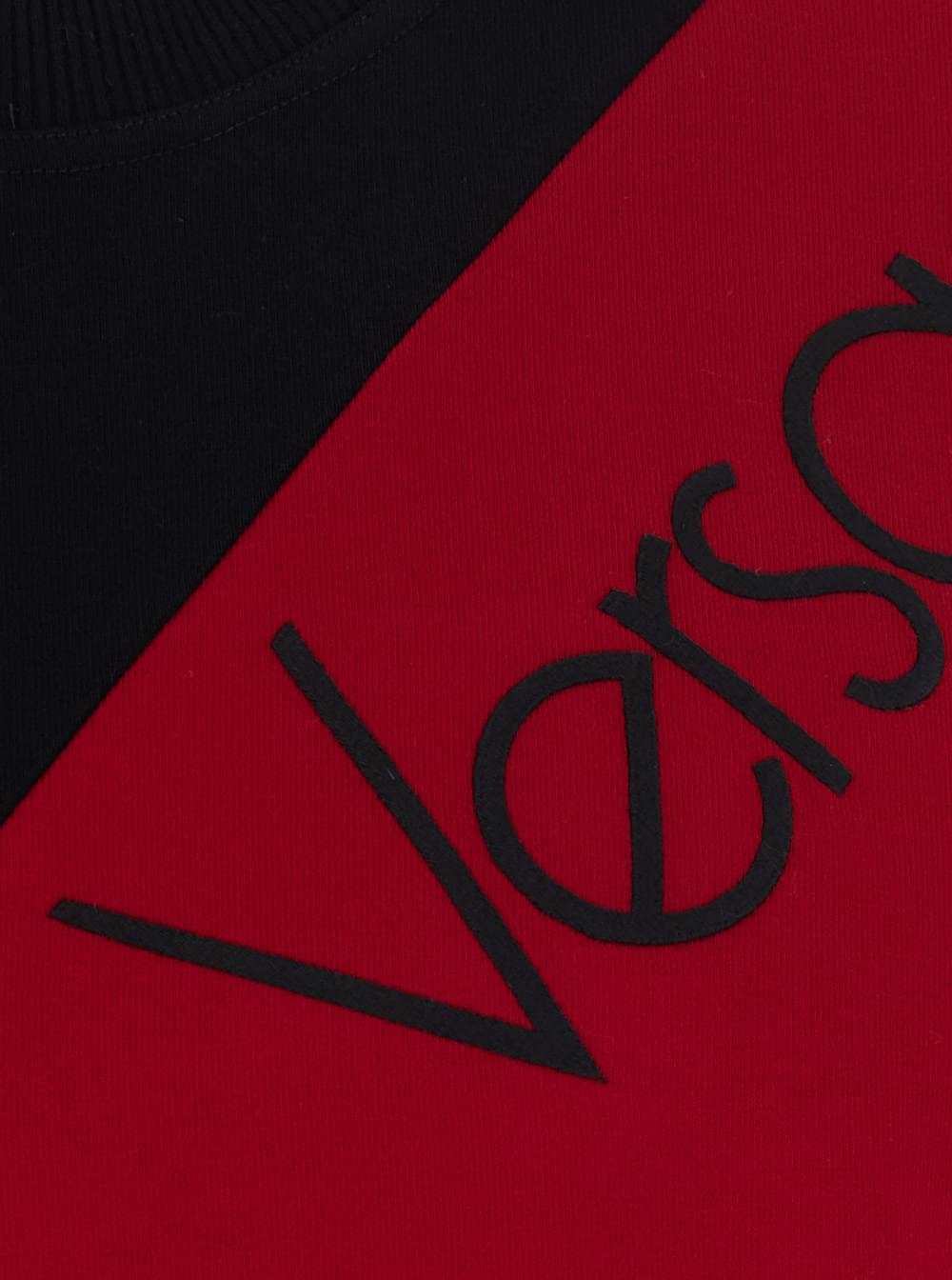 Versace Men Black And Red Color-Block T-Shirt With Logo Lettering On The Front In Stretch Cotton For Men VERSACE