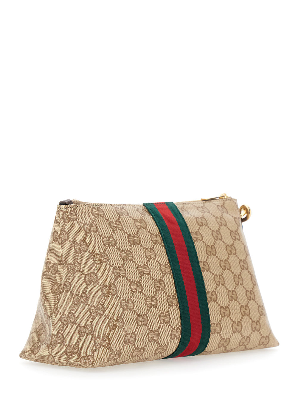 Gucci Men Beige Clutch With Removable Wrist Strap And Web Detail In Gg Canvas For Men GUCCI