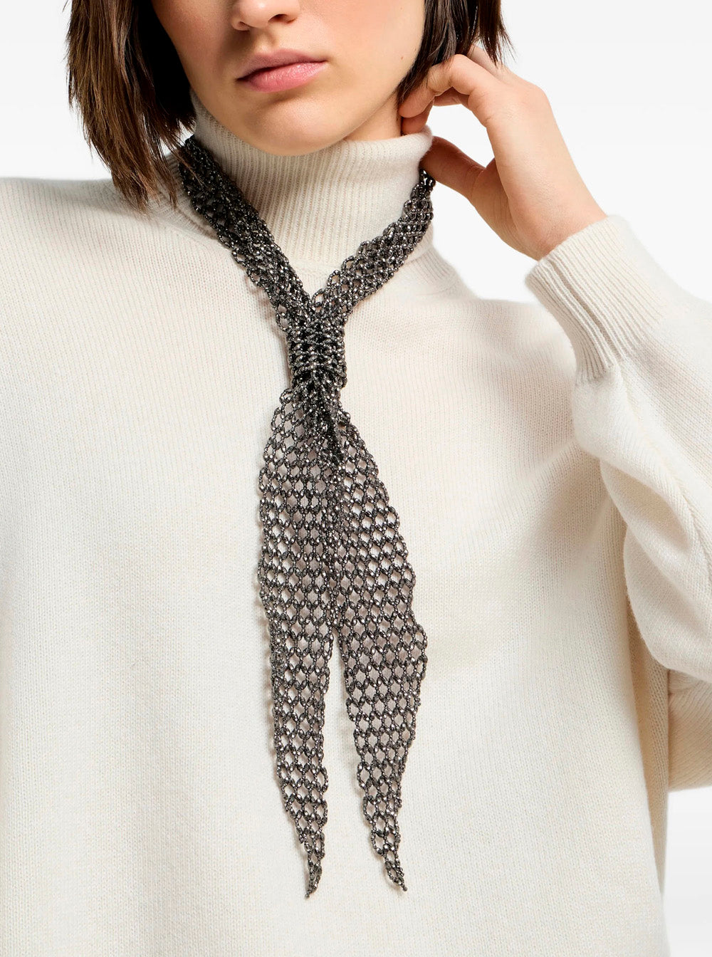 Brunello Cucinelli Women Silver Colored Necklace With Mesh Texture And All-Over Monili Design In Silver For Women BRUNELLO CUCINELLI
