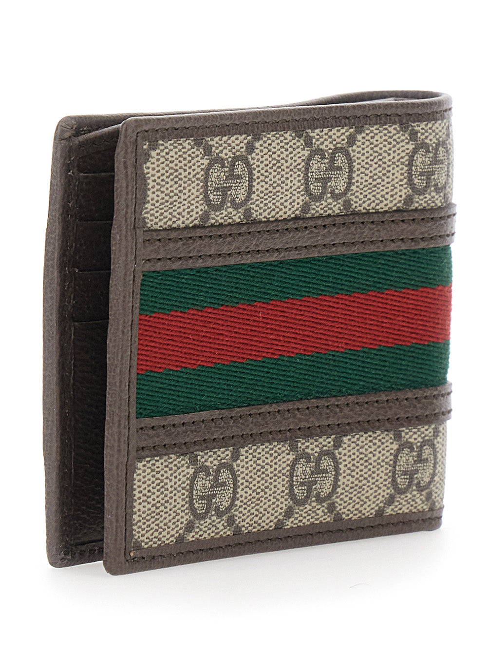Gucci Men "Ophidia" Beige Bi-Fold Wallet With Gg Plate On The Front And Web Stripe In Leather And Gg Canvas For Men GUCCI