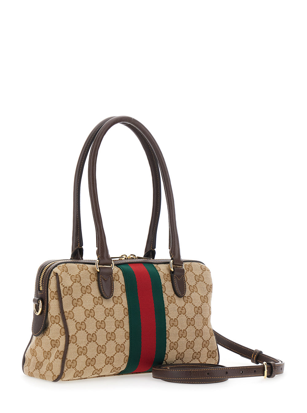 Gucci Women Beige Shoulder Bag With Horsebit And Web Stripe And Adjustable Removable Shoulder Strap In Gg Canvas For Women GUCCI