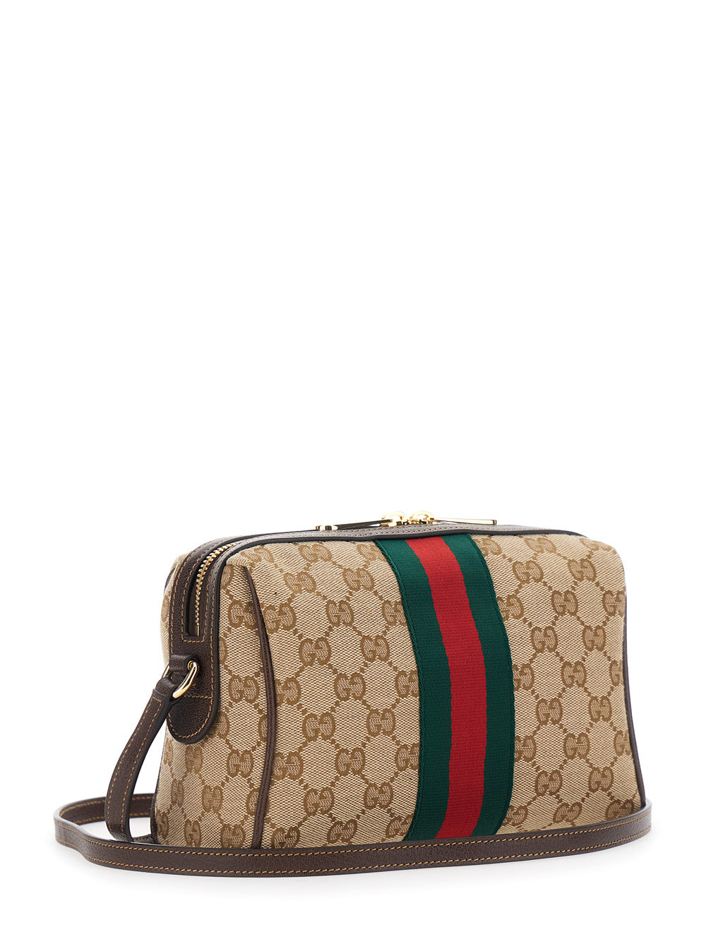 Gucci Women Brown Shoulder Bag With Horsebit Plaque And Web Stripe And Adjustable Strap In Gg Canvas For Women GUCCI