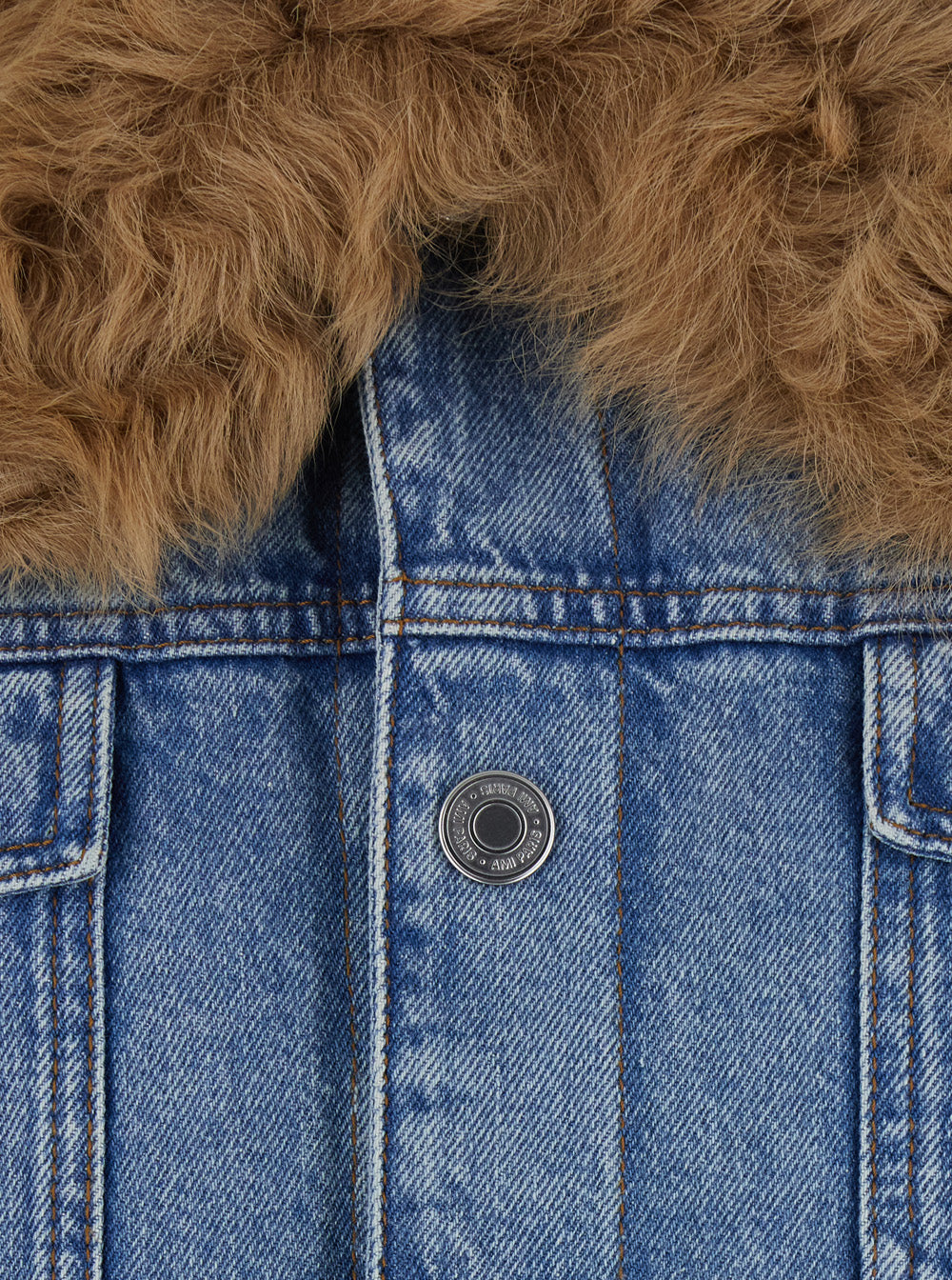 Ami Paris Men Light Blue Jacket With Removable Fur Collar And Logo Patch On The Back In Denim For Men AMI PARIS
