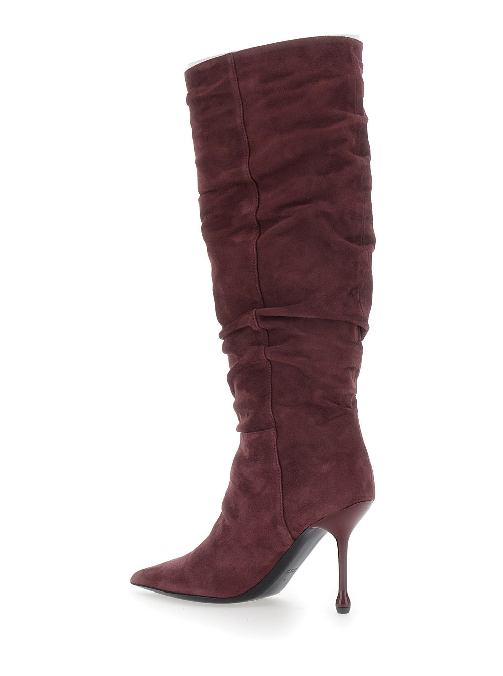 Leplain Women Bordeaux Knee-High Boots With Pointed Toe And Ruched Design In Suede For Women LEPLAIN