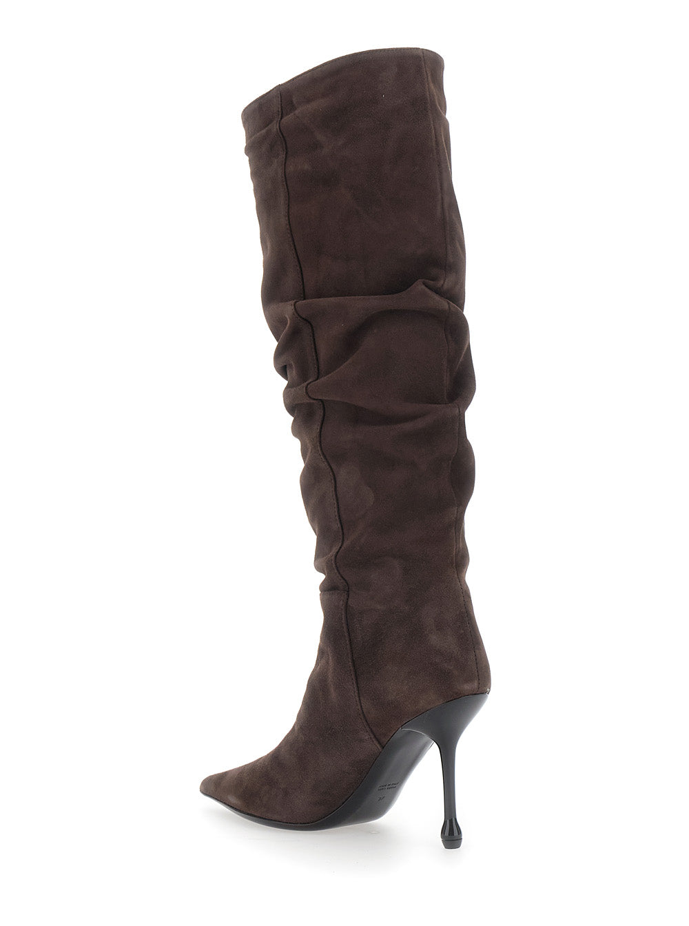 Leplain Women Brown Knee-High Boots With Pointed Toe And Ruched Design In Suede For Women LEPLAIN
