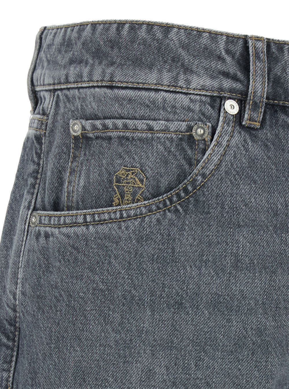 Brunello Cucinelli Men Gray Jeans With Logo Embroidery On The Front And Logo Patch On The Back In Denim For Men