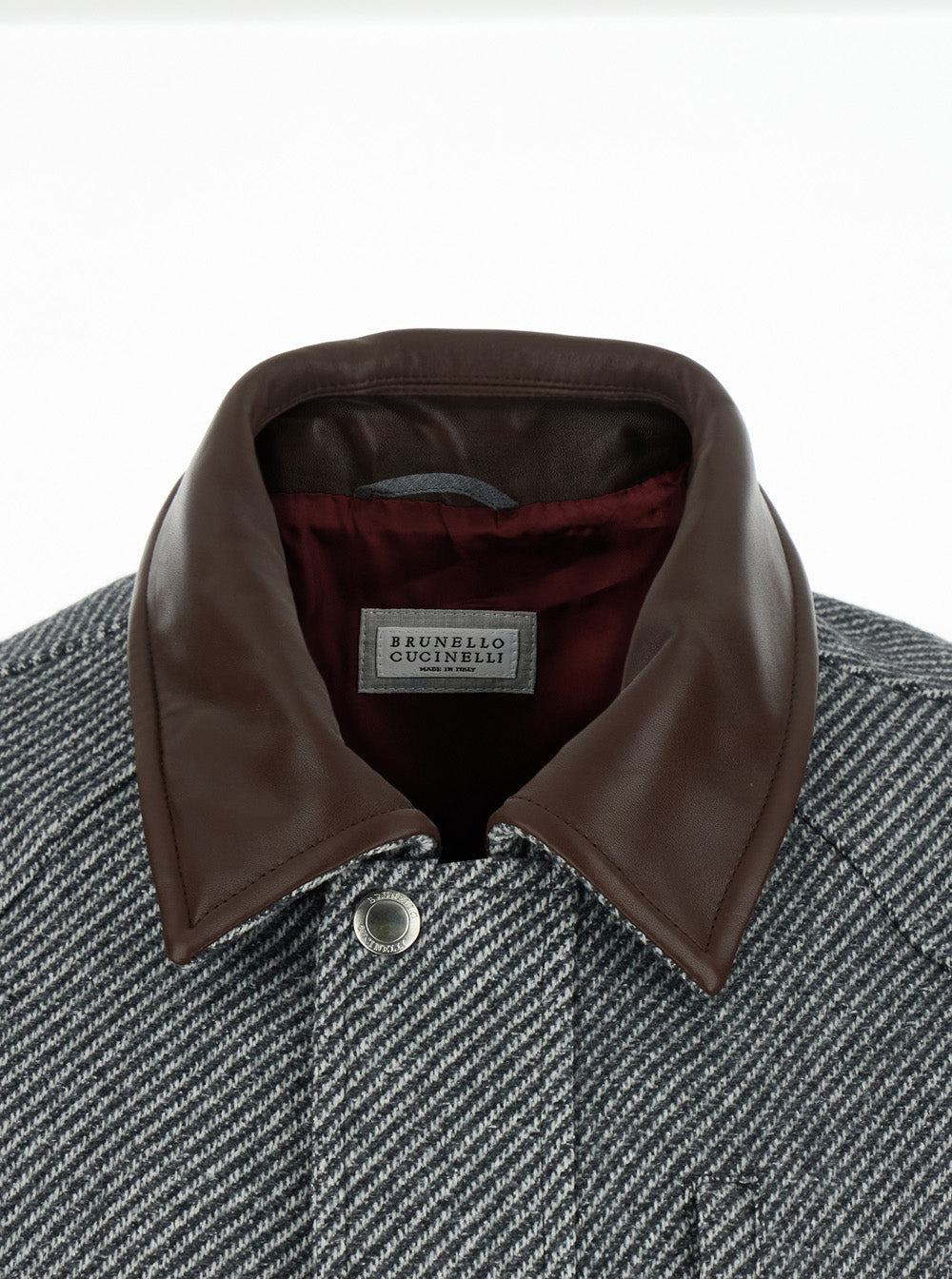 Brunello Cucinelli Men Grey Jacket With Leather Collar And Diagonal Motif In Cashmere And Silk For Men BRUNELLO CUCINELLI