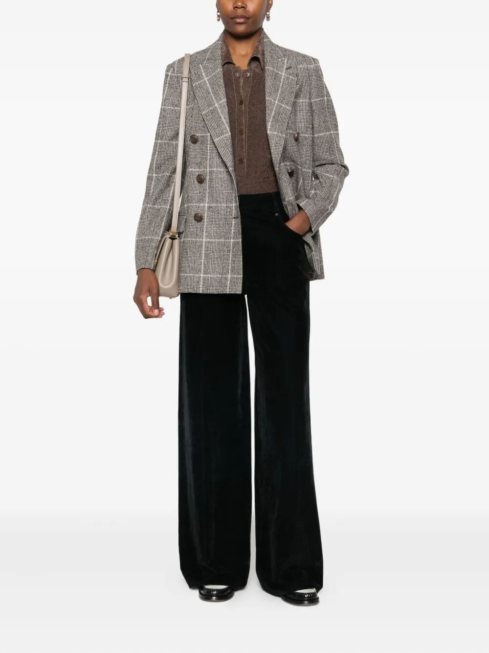 Brunello Cucinelli Women Alpaca And Wool Prince Of Wales Double-Breasted Blazer With Monili BRUNELLO CUCINELLI