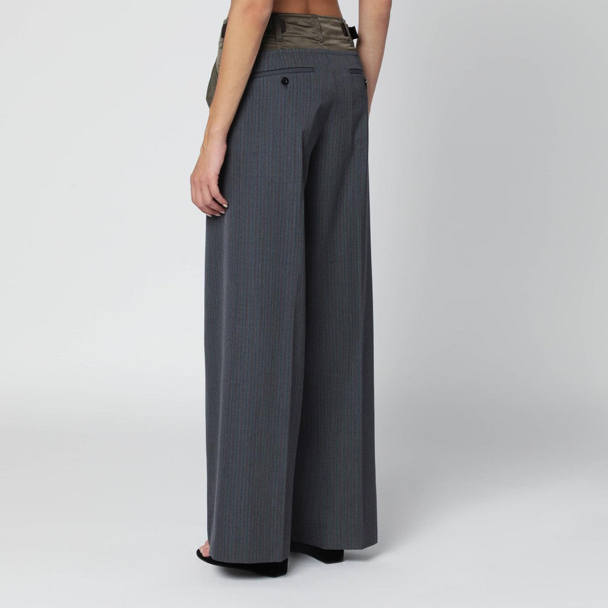 Sacai Grey/Khaki Pinstripe Bi-Material Trousers Women SACAI
