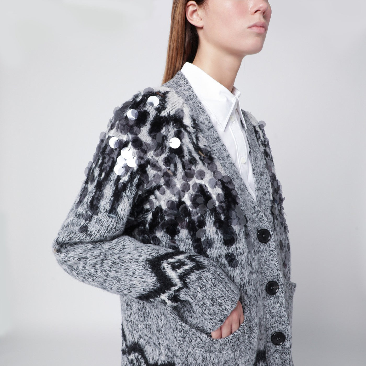 Roberto Collina Grey Wool-Blend Cardigan With Sequins Women Roberto Collina