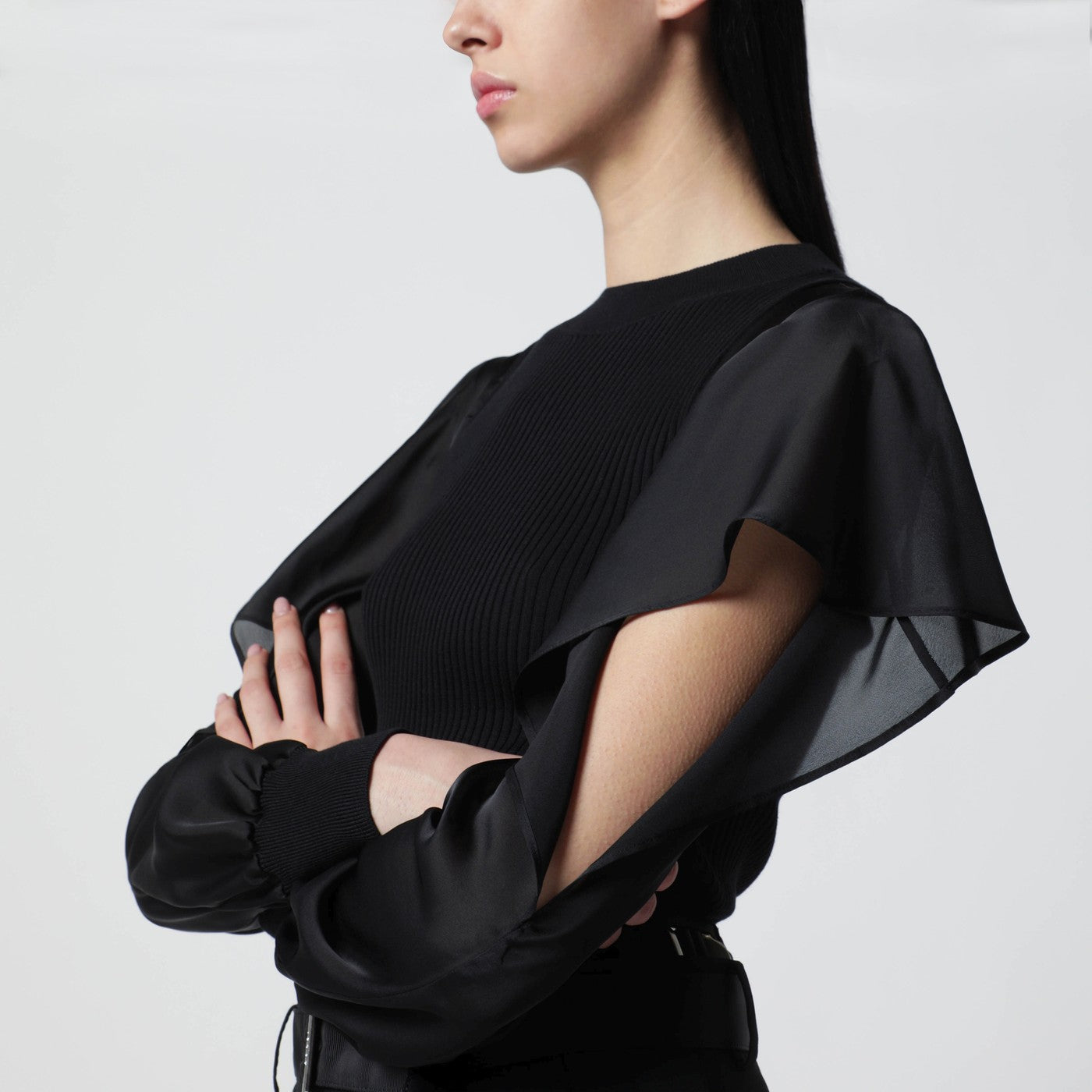 Sacai Black Knit Top With Semi-Sheer Sleeves Women SACAI