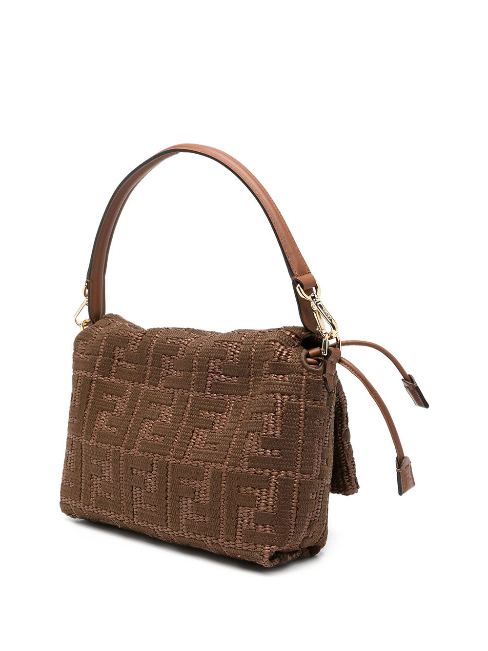 Fendi Women Mamma Baguette Medium Sellier Brown Raffia-Effect Woven Bag With Ff Embroidery FENDI