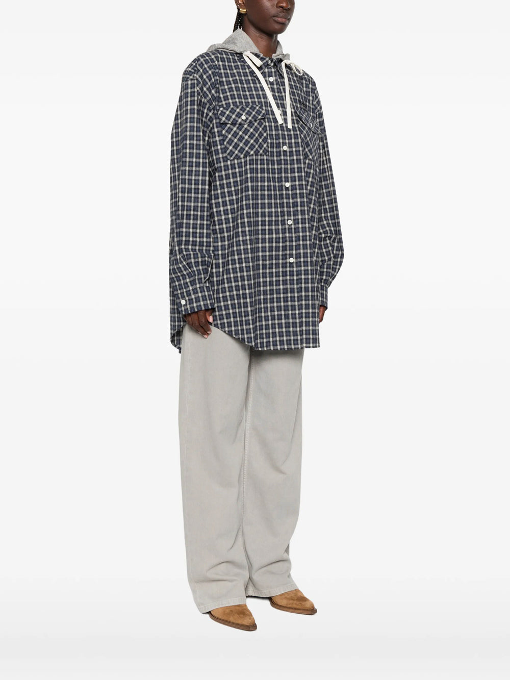 Miu Miu Women Check-Pattern Hooded Shirt MIU MIU