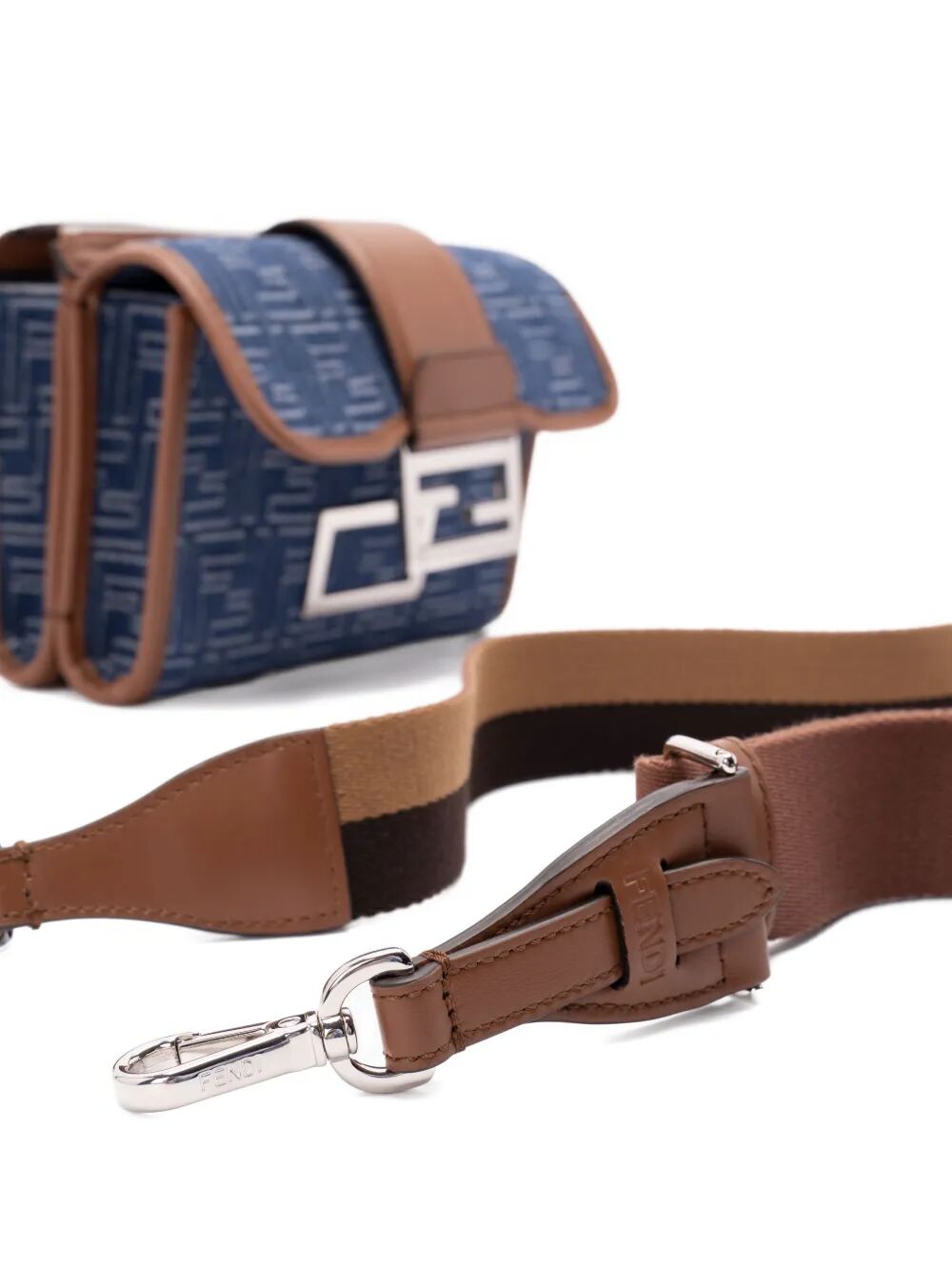 Fendi Men Denim-Effect Ff Jacquard And Leather Double Baguette Bag FENDI