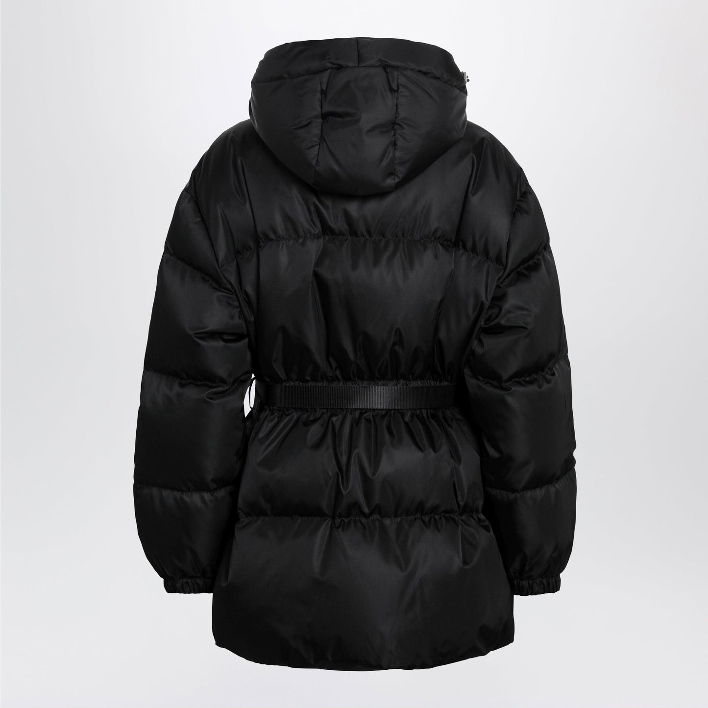 Prada Re-Nylon Hooded Padded Jacket With Front Pouch, Black Women PRADA