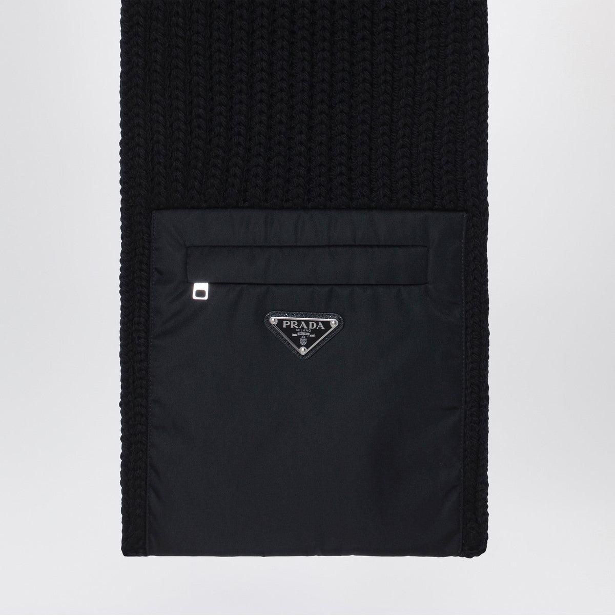 Prada Black Wool Scarf With Re-Nylon Pocket Men PRADA