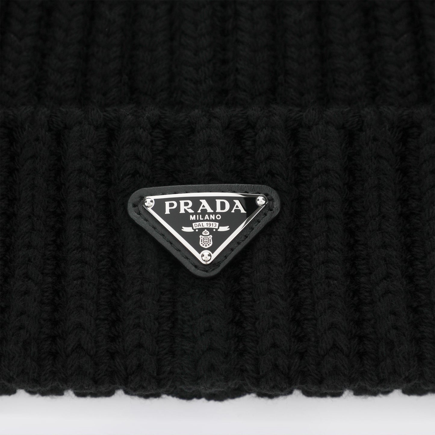 Prada Black Virgin Wool Beanie With Enamelled Triangle Logo Men PRADA