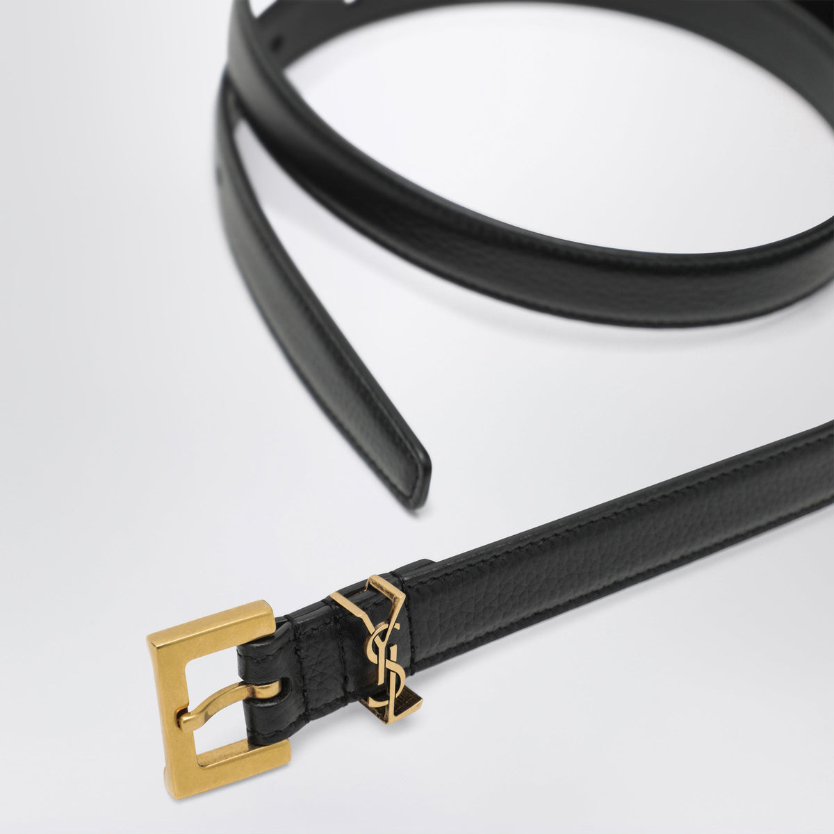Saint Laurent Cassandre Thin Belt In Black Grained Leather Women SAINT LAURENT