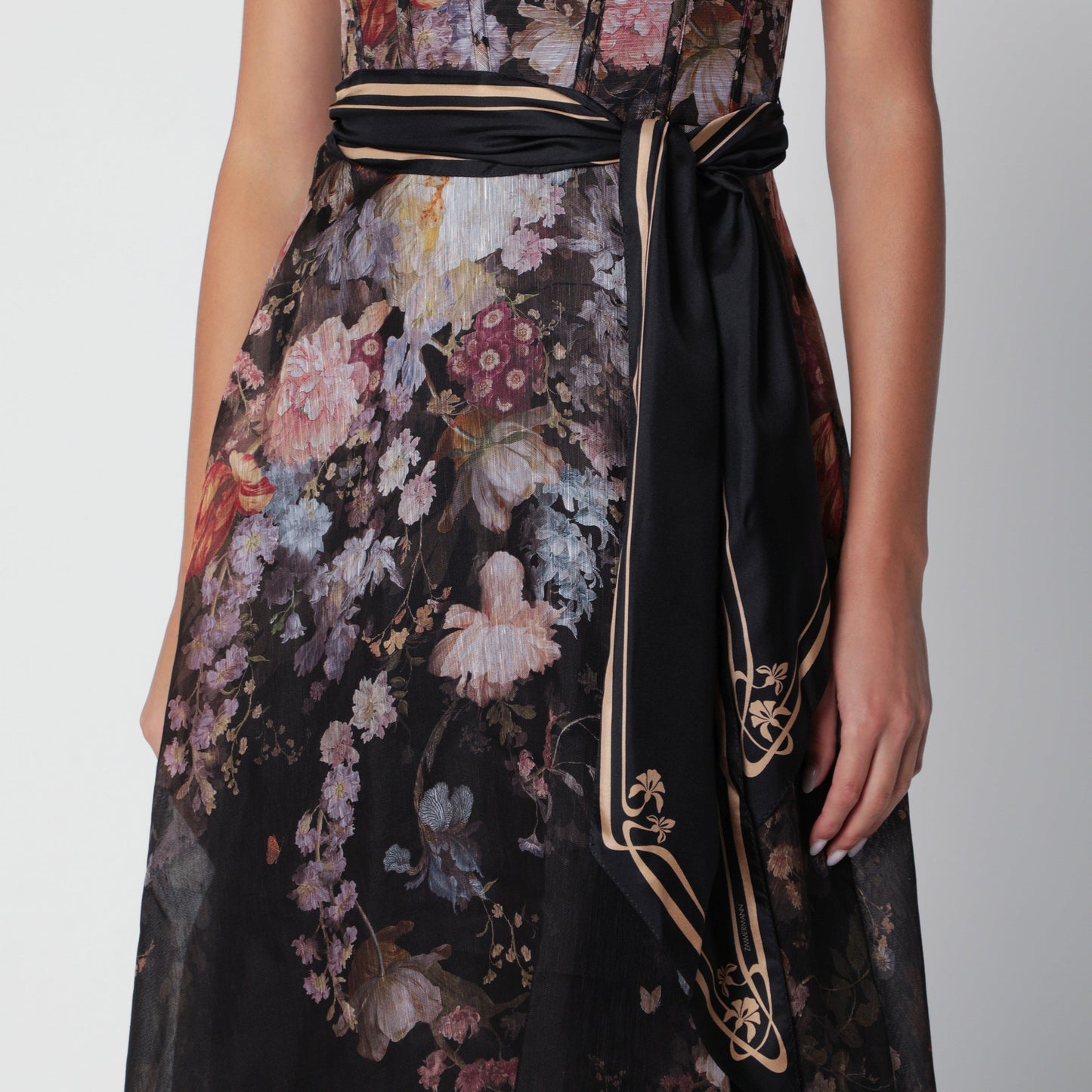 Zimmermann Valiant Black Floral Silk Linen Corset Midi Dress Women ZIMMERMANN