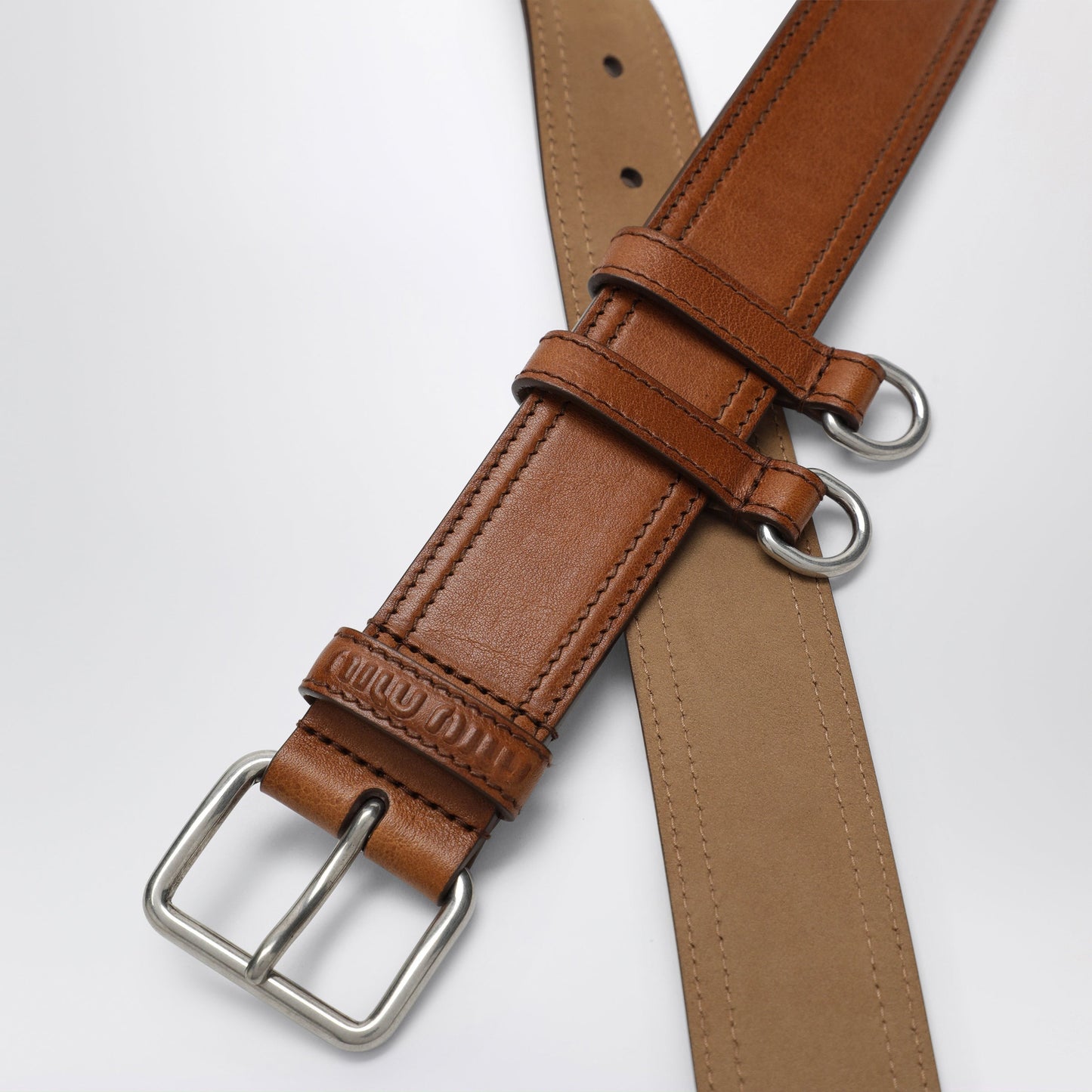 Miu Miu Calfskin Belt With Contrast Stitching And Hooks, Cognac Women MIU MIU