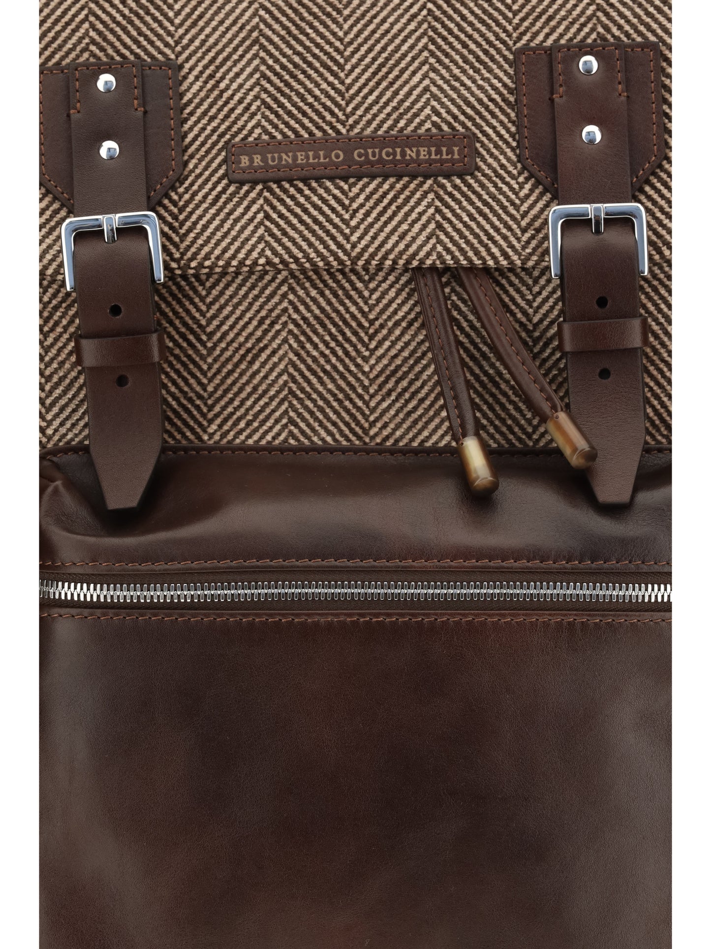Brunello Cucinelli Men Herringbone Pattern Backpack With Leather Details BRUNELLO CUCINELLI
