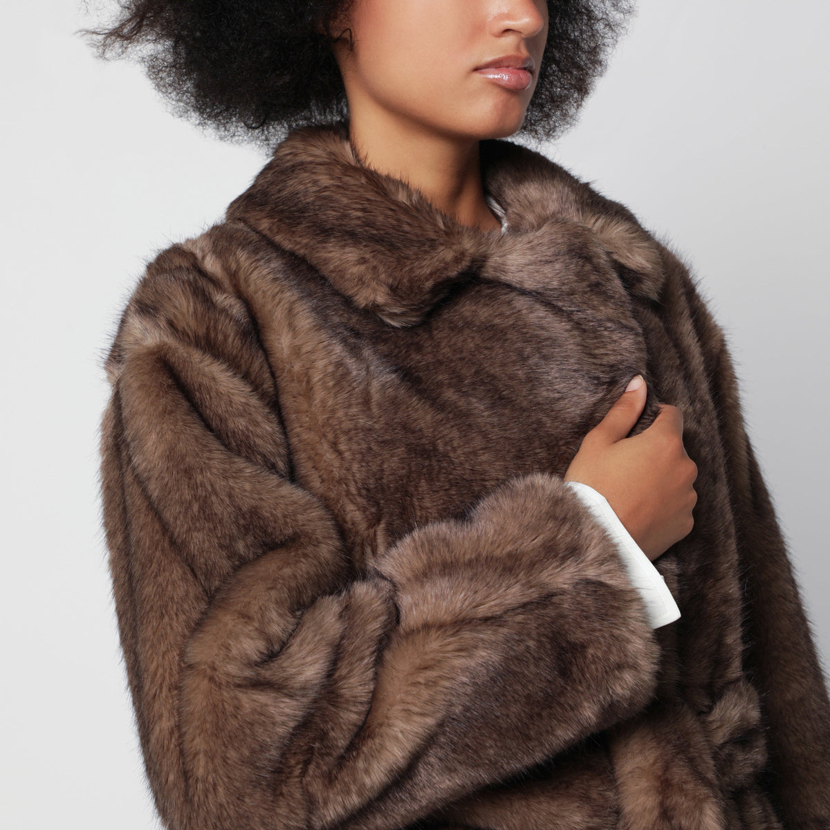 Stand Studio Brown Silena Jacket In Faux Fur With Belt Women STAND STUDIO