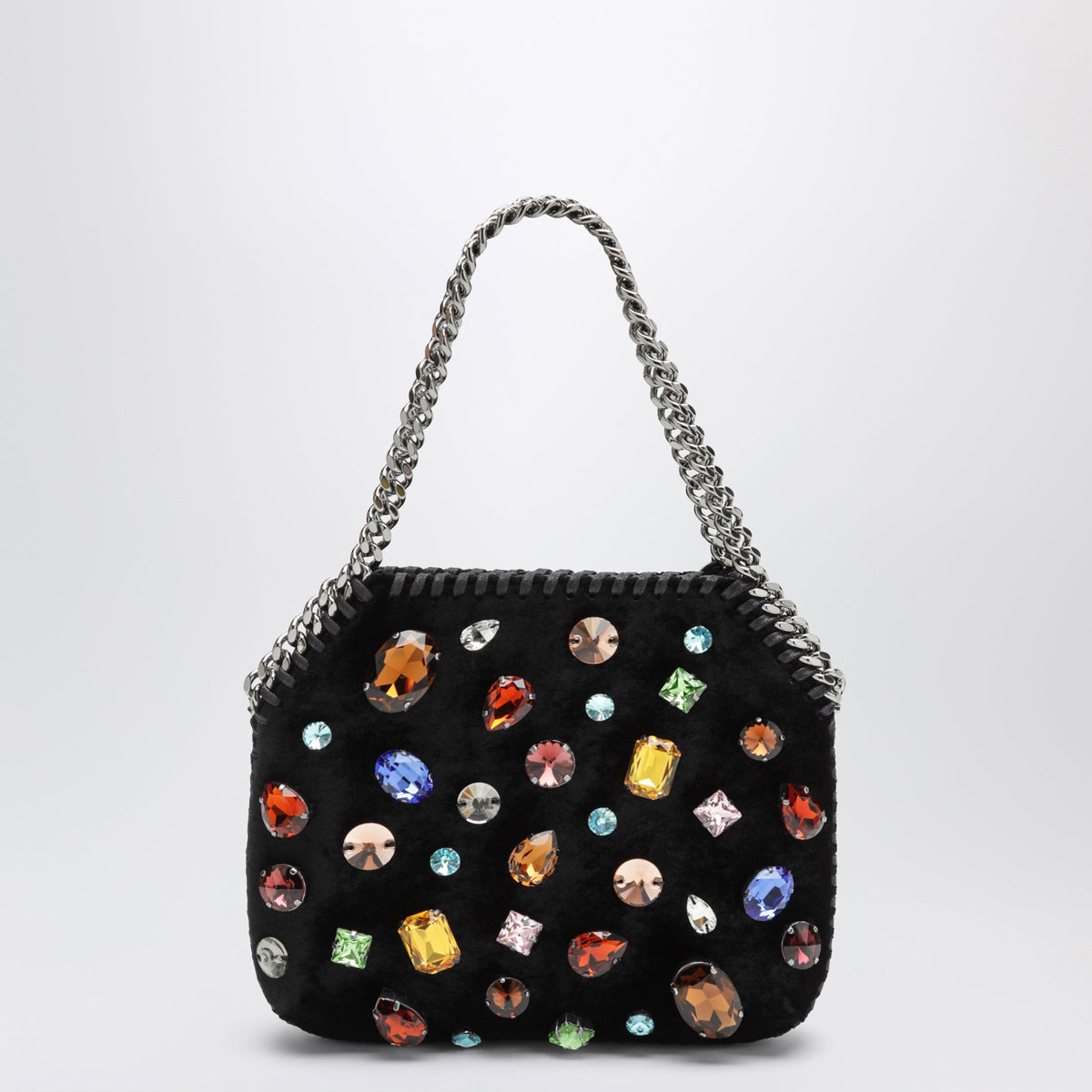 Stella Mccartney Black Falabella Tiny Shoulder Bag In Velvet With Crystals Women STELLA MCCARTNEY