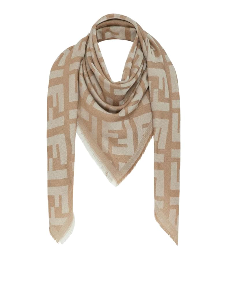 Fendi Women Ff Shawl In Beige Wool And Cashmere FENDI