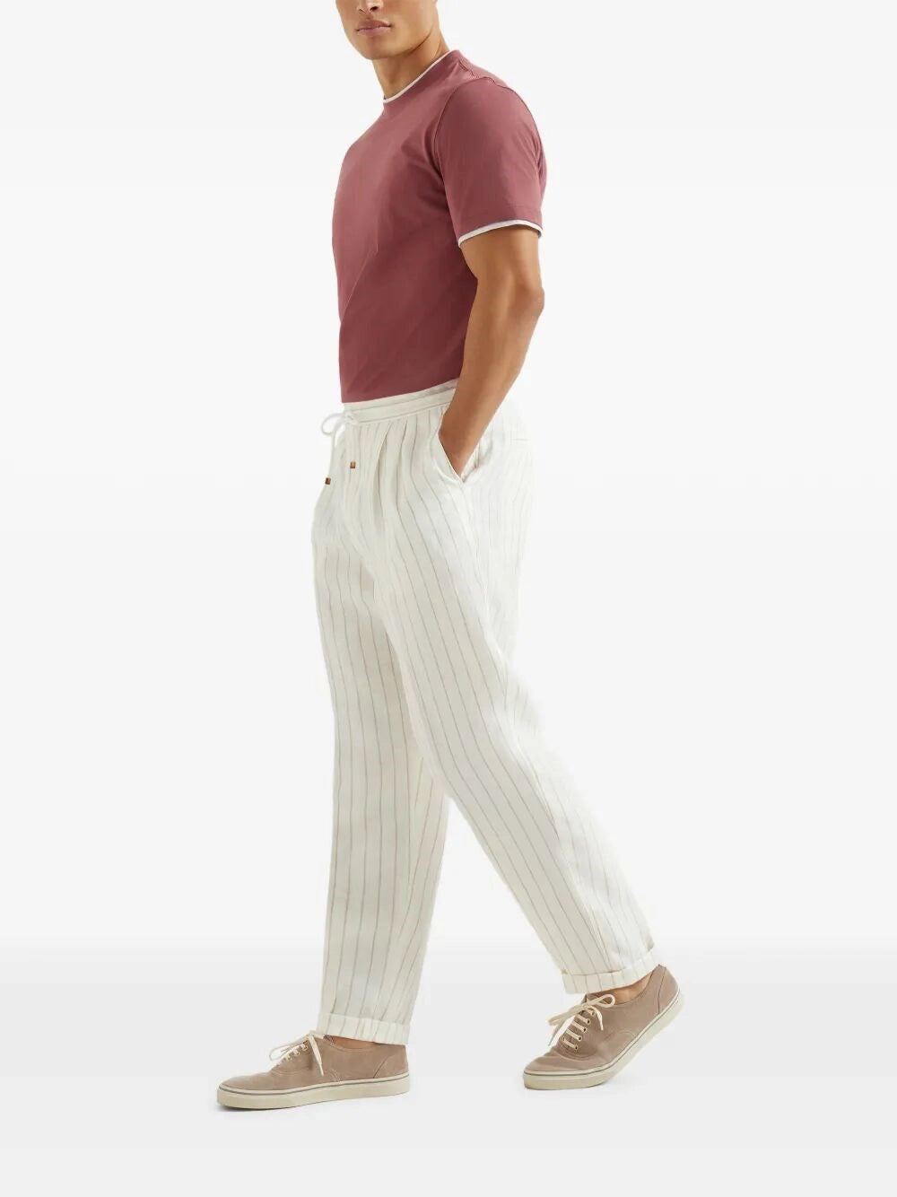 Brunello Cucinelli Men Stripe Linen Pants With Drawstring And Double Pleats BRUNELLO CUCINELLI