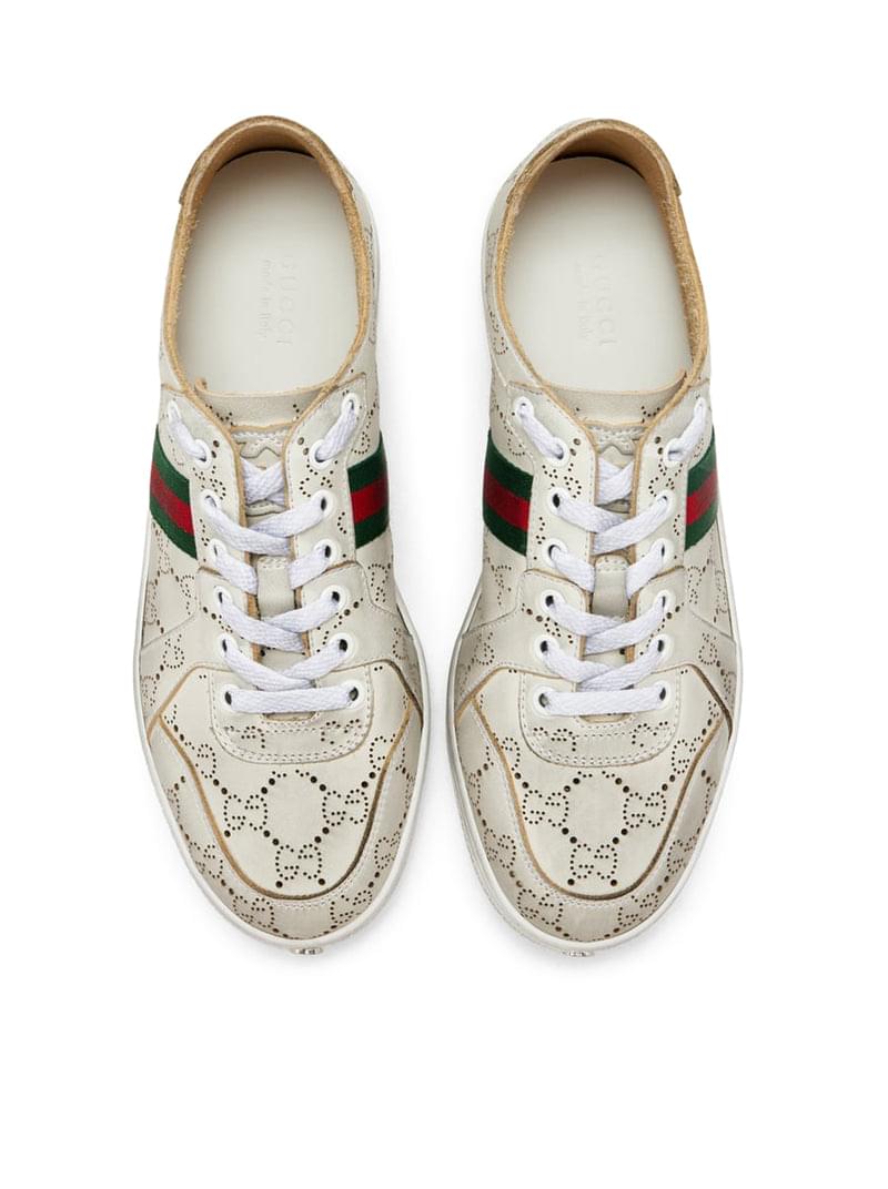 Gucci Women Leather Sneakers With Allover Gg And Web Band GUCCI