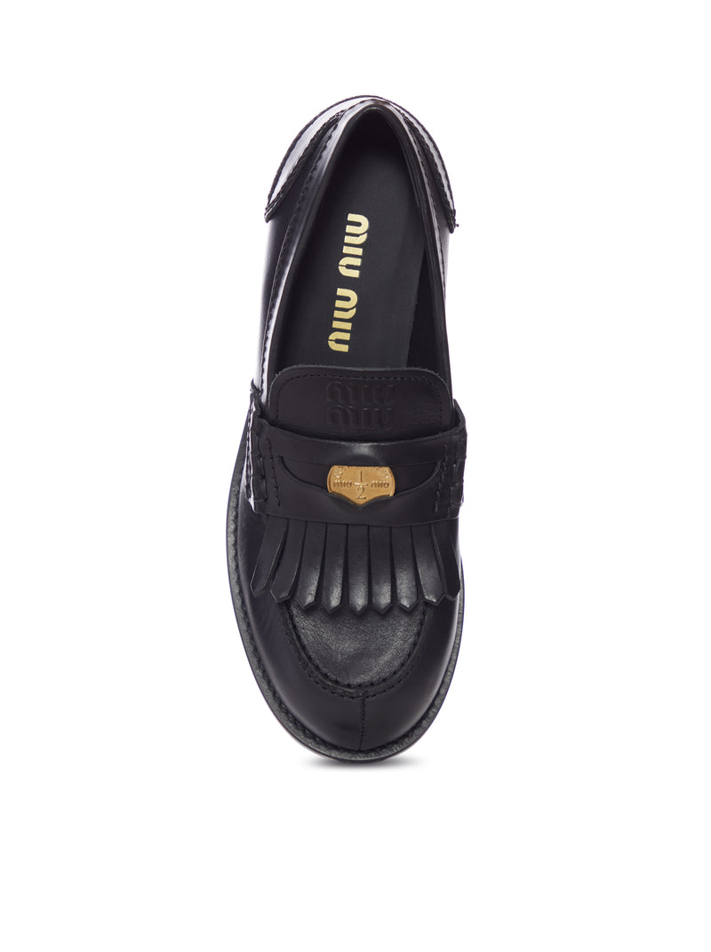 Miu Miu Women Leather Moccasin With Fringes And Logo Detail MIU MIU