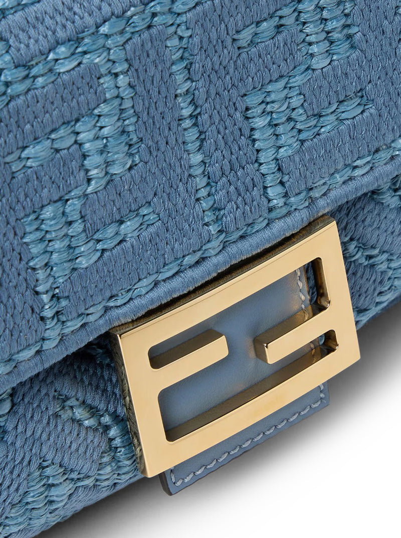 Fendi Women Baguette Bag In Woven Raffia With Blue Ff Embroidery FENDI