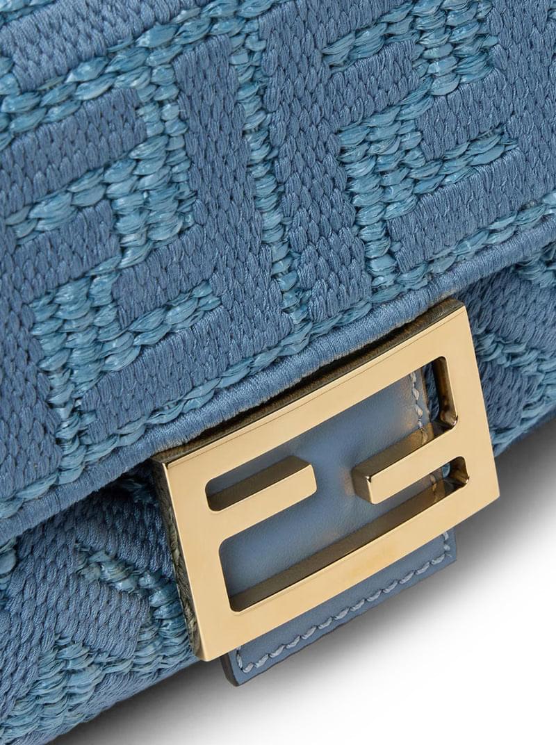 Fendi Women Baguette Bag In Woven Raffia With Blue Ff Embroidery FENDI