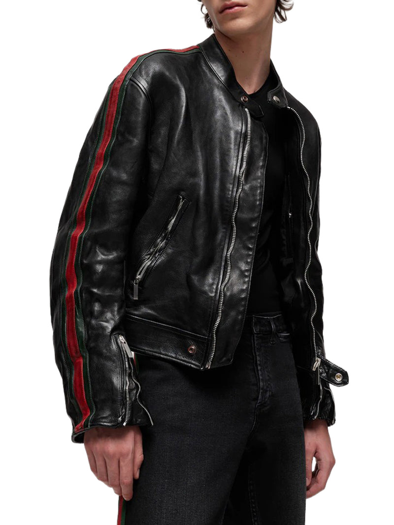 Gucci Men Buffalo Leather Bomber Jacket With Webbing GUCCI