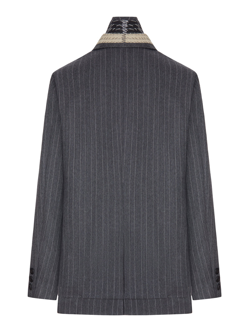 Sacai Women Pinstriped Blazer With Contrasting Lapels And Embroidered Details SACAI