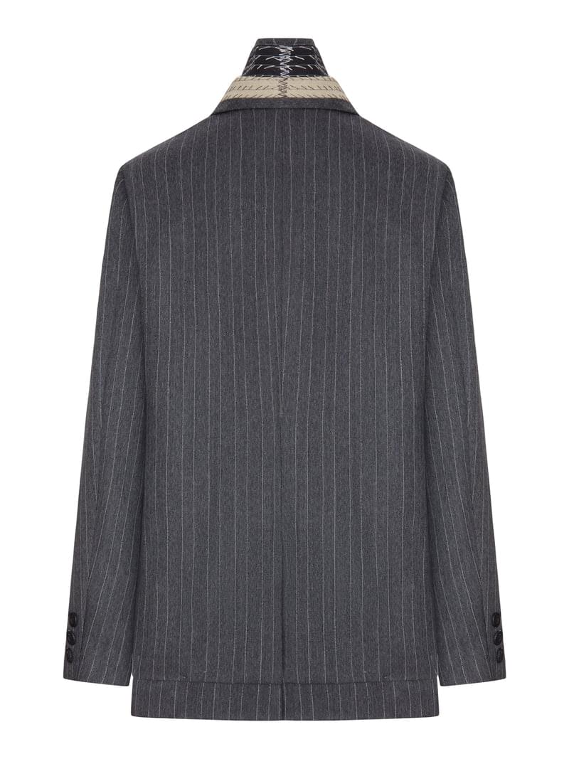 Sacai Women Pinstriped Blazer With Contrasting Lapels And Embroidered Details SACAI