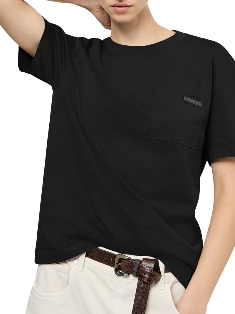 Brunello Cucinelli Women Crew Neck Cotton T-Shirt With Mobile Application BRUNELLO CUCINELLI