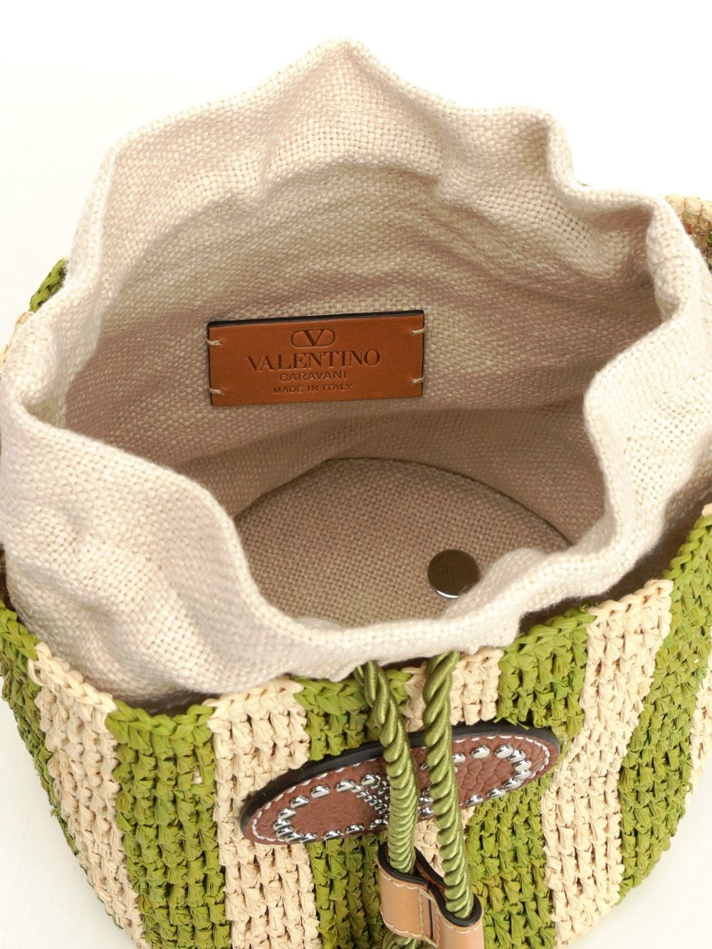 Valentino Garavani Women Small Bucket Bag | Vlogo Signature | Crochet Rafia Stripes/Lino/Vac.Liscia/To VALENTINO GARAVANI