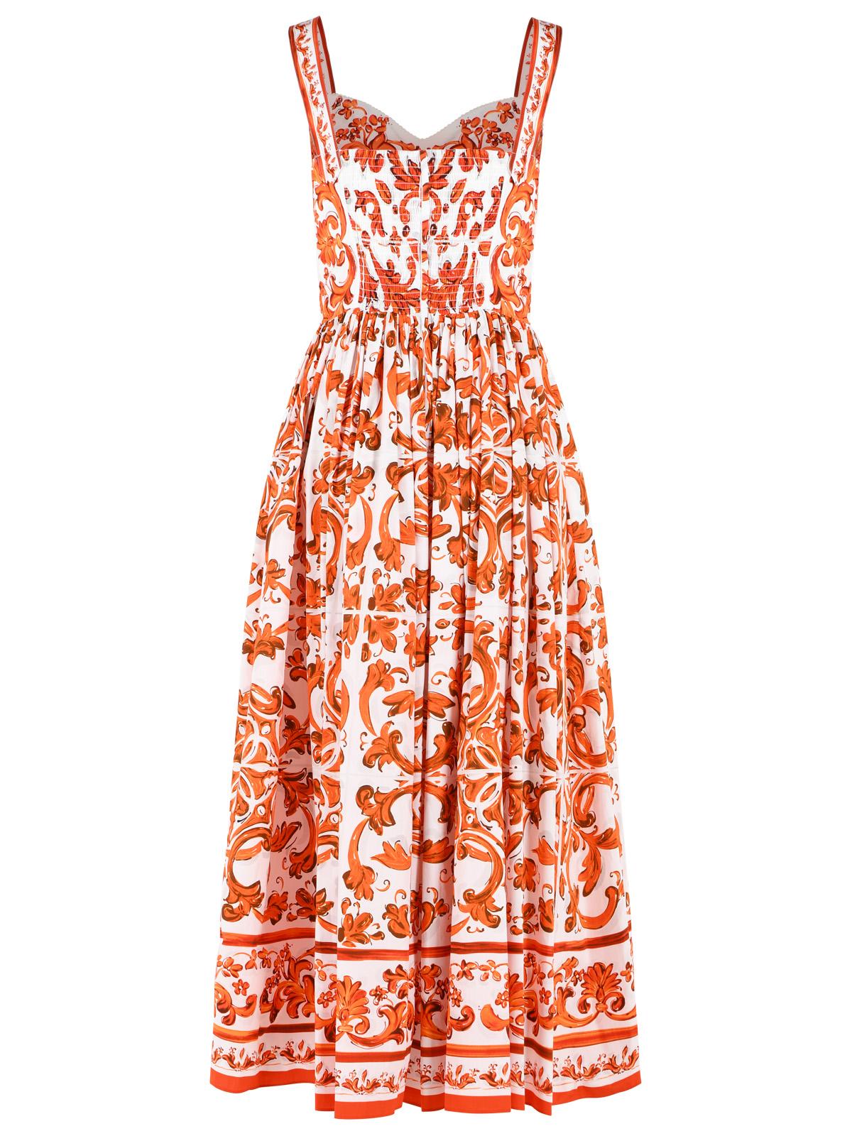 Dolce & Gabbana 'Maiolica' White And Orange Cotton Maxi Dress Women DOLCE & GABBANA