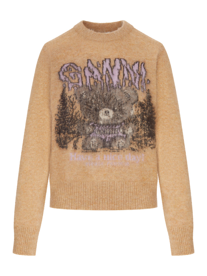 Ganni Women Crewneck Knit Sweater With Front Graphic Intarsia GANNI