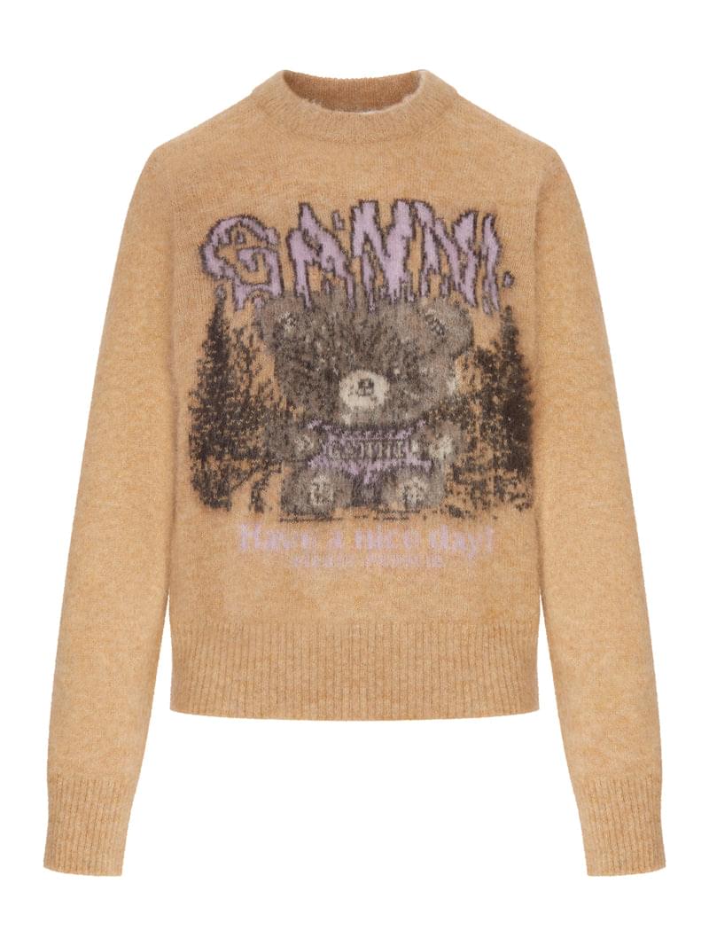 Ganni Women Crewneck Knit Sweater With Front Graphic Intarsia GANNI