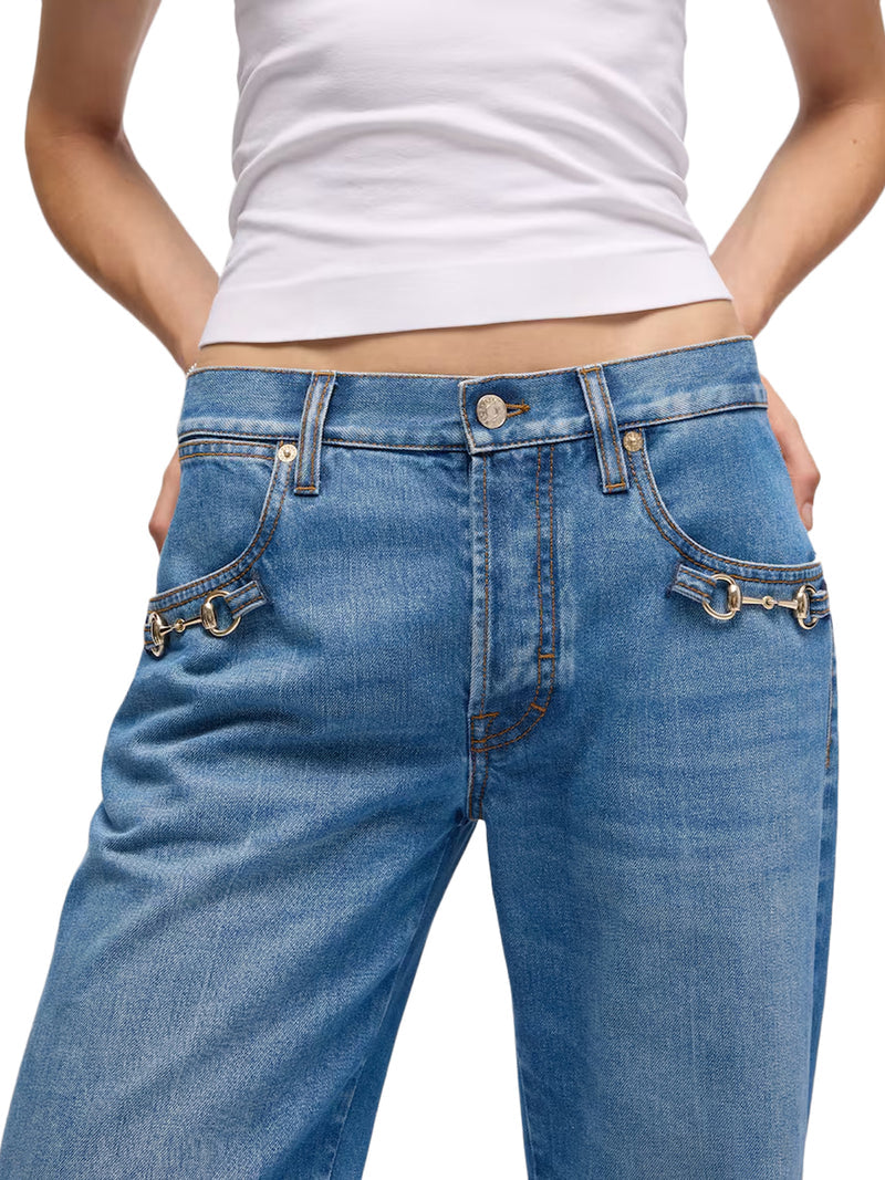 Gucci Women Cotton Denim Bootcut Trousers With Horsebit Detail GUCCI