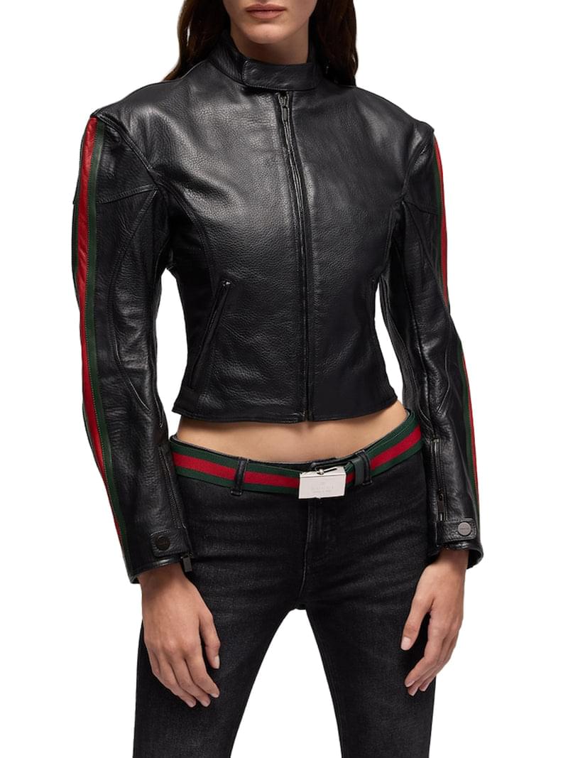 Gucci Women Leather Biker Jacket With Web Stripe GUCCI