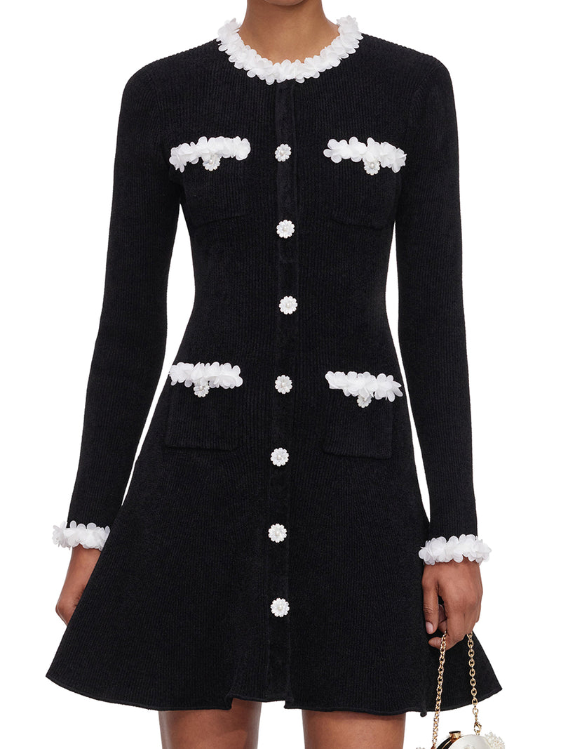 Self-Portrait Women Short Ribbed Knit Dress With Floral Profiles And Jewel Buttons SELF-PORTRAIT