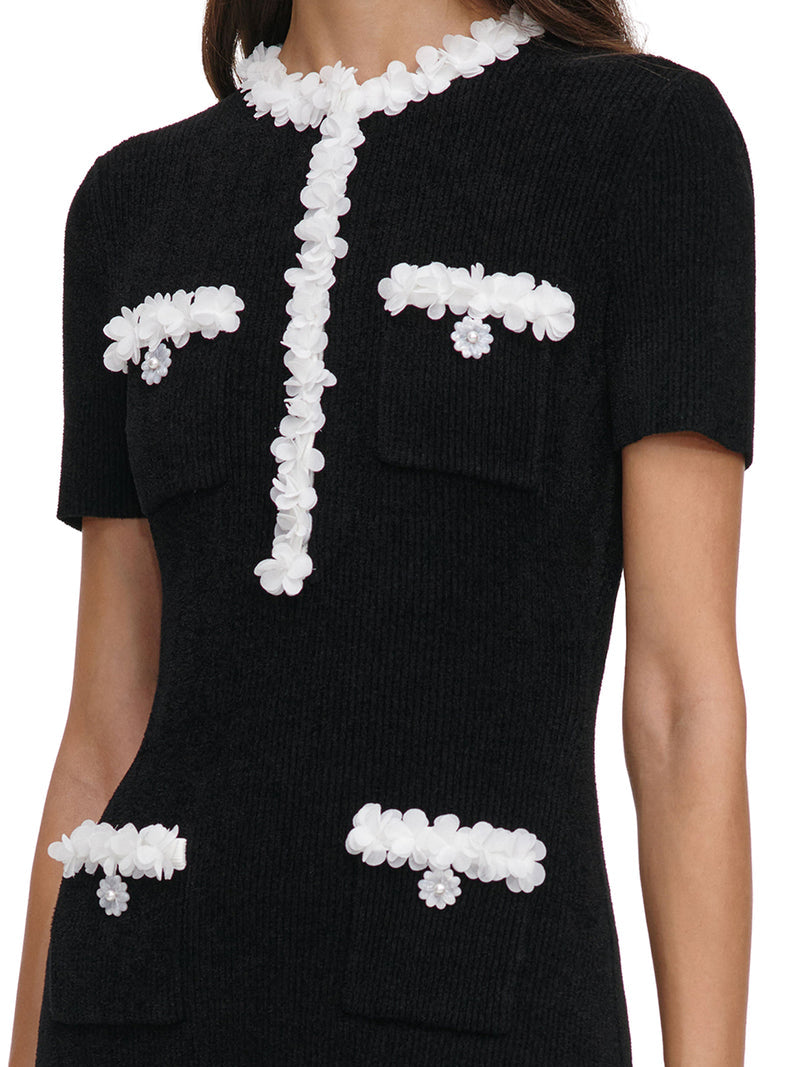 Self-Portrait Women Long Ribbed Knit Dress With Contrasting Floral Profiles SELF-PORTRAIT