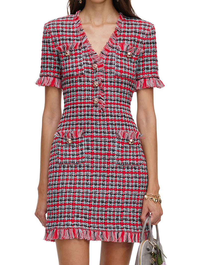 Self-Portrait Women Short Multicolor Tweed Dress With Jewel Buttons And Fringed Edges SELF-PORTRAIT