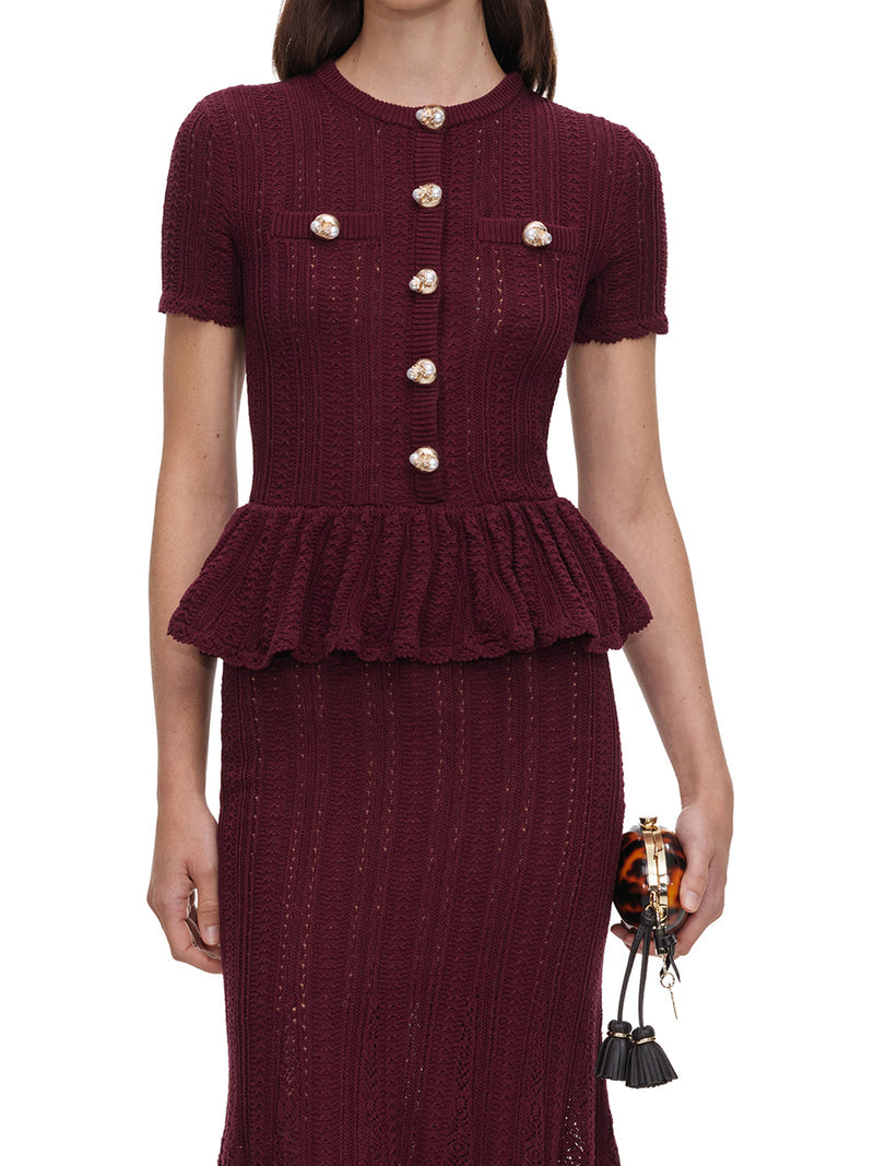 Self-Portrait Women Long Dress In Openwork Knit With Peplum And Jewel Buttons SELF-PORTRAIT
